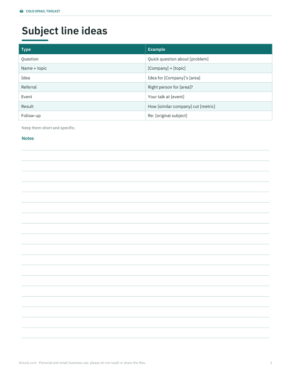 Preview of Printable Cold Email Subject Lines